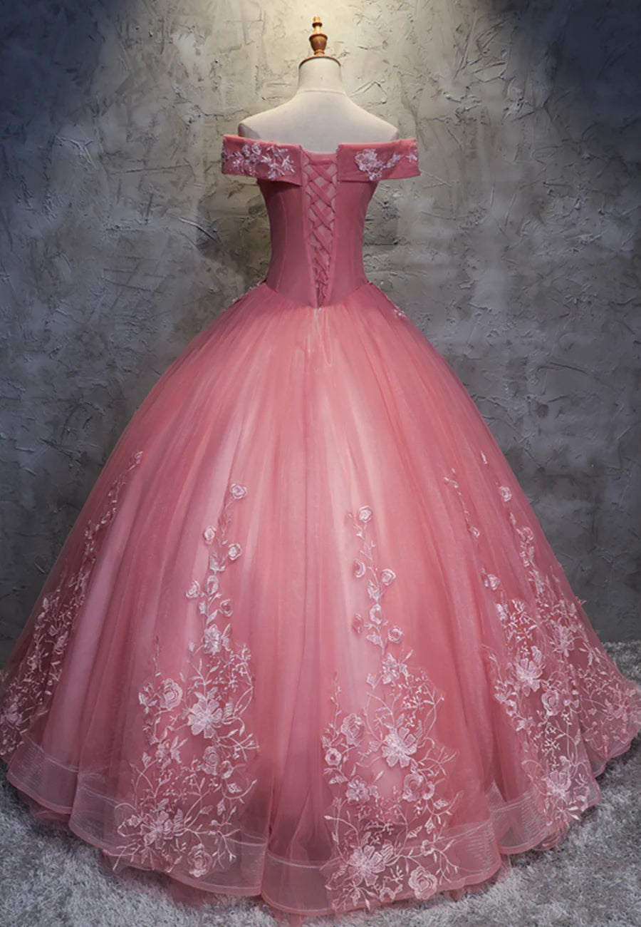 Pink Lace Long Prom Dresses, A-Line Off the Shoulder Evening Dresses TP733