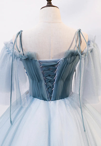Lovely Spaghetti Strap Blue Long Prom Dresses, Lace Evening Dresses TP734