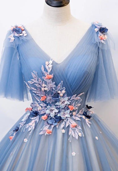 Blue V-Neck Lace Long Prom Dresses, A-Line Formal Evening Dresses TP735