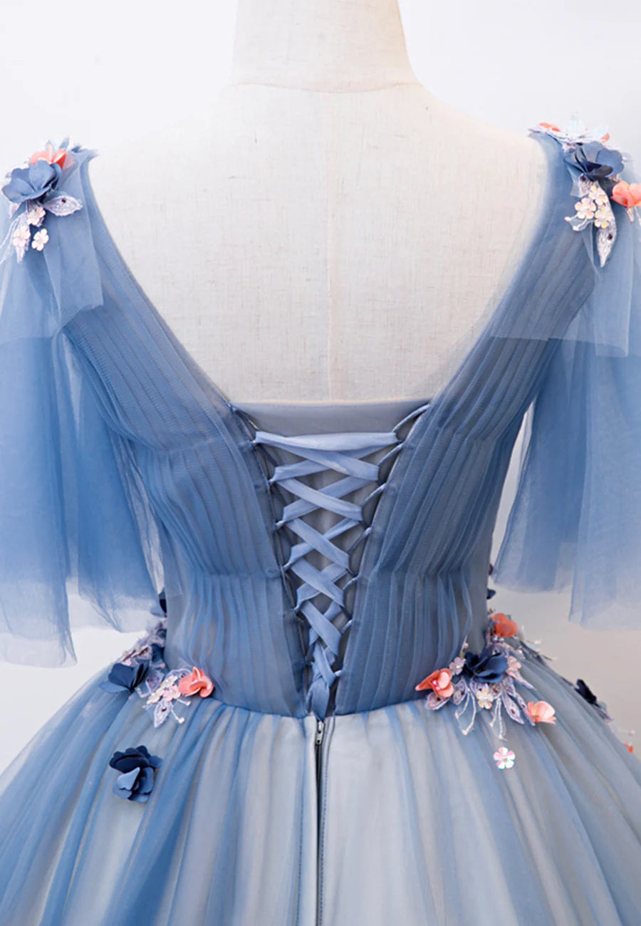 Blue V-Neck Lace Long Prom Dresses, A-Line Formal Evening Dresses TP735