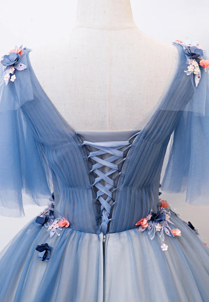 Blue V-Neck Lace Long Prom Dresses, A-Line Formal Evening Dresses TP735