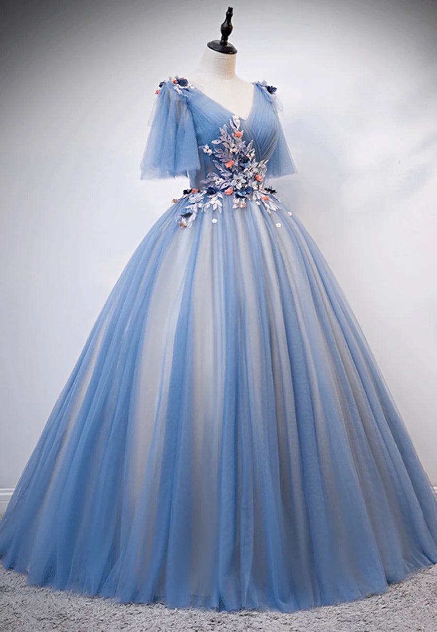 Blue V-Neck Lace Long Prom Dresses, A-Line Formal Evening Dresses TP735