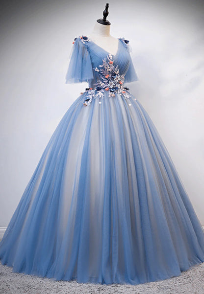 Blue V-Neck Lace Long Prom Dresses, A-Line Formal Evening Dresses TP735
