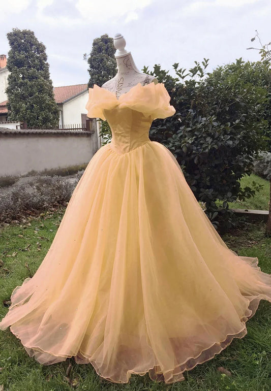 Yellow Tulle Long Prom Dresses, A-Line Evening Dresses TP736