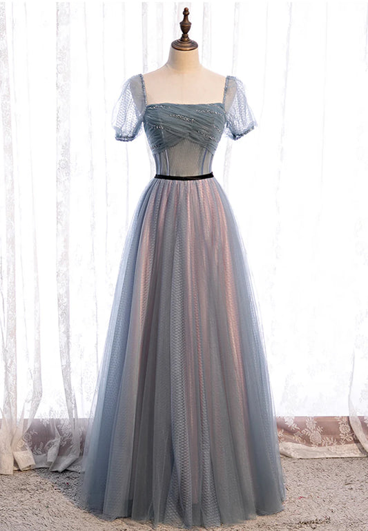 Grey Tulle Long Prom Dresses, A-Line Evening Dresses TP737