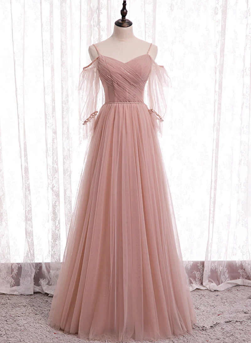 Pink Tulle Long Prom Dresses, A-Line Evening Party Dresses TP739