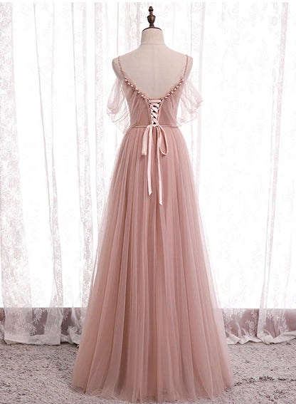 Pink Tulle Long Prom Dresses, A-Line Evening Party Dresses TP739