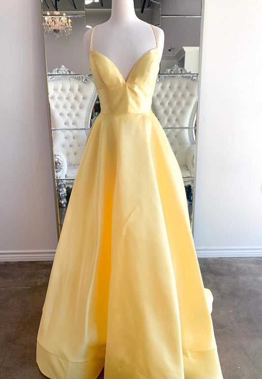 Yellow Satin Long Prom Dresses, A-Line Backless Evening Dresses TP740