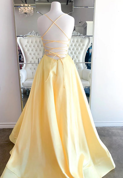 Yellow Satin Long Prom Dresses, A-Line Backless Evening Dresses TP740