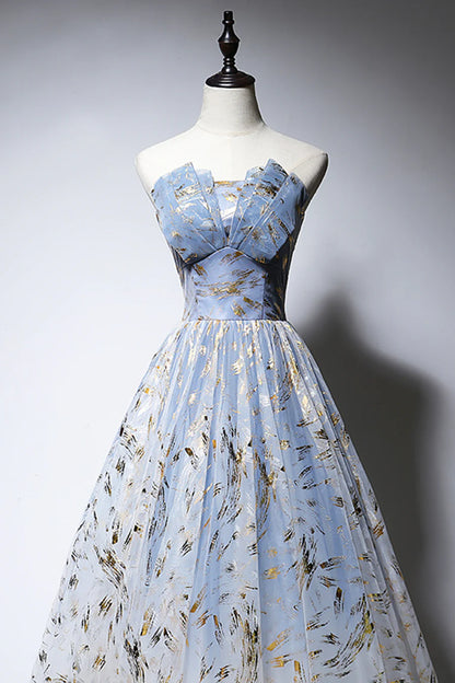 Blue Strapless Ombre Tulle Long Prom Dresses, A-Line Evening Dresses TP743