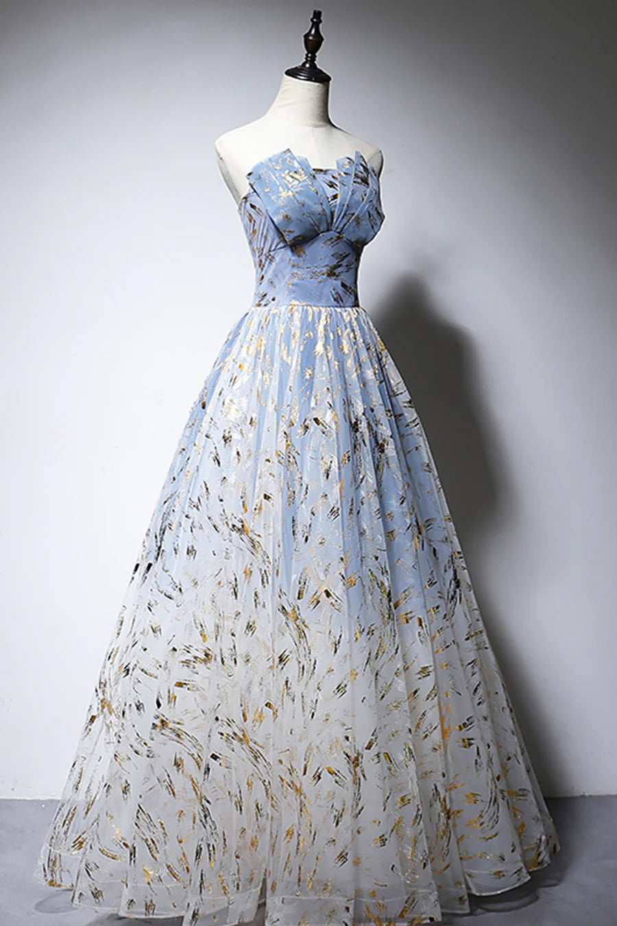 Blue Strapless Ombre Tulle Long Prom Dresses, A-Line Evening Dresses TP743