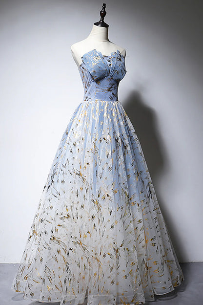 Blue Strapless Ombre Tulle Long Prom Dresses, A-Line Evening Dresses TP743