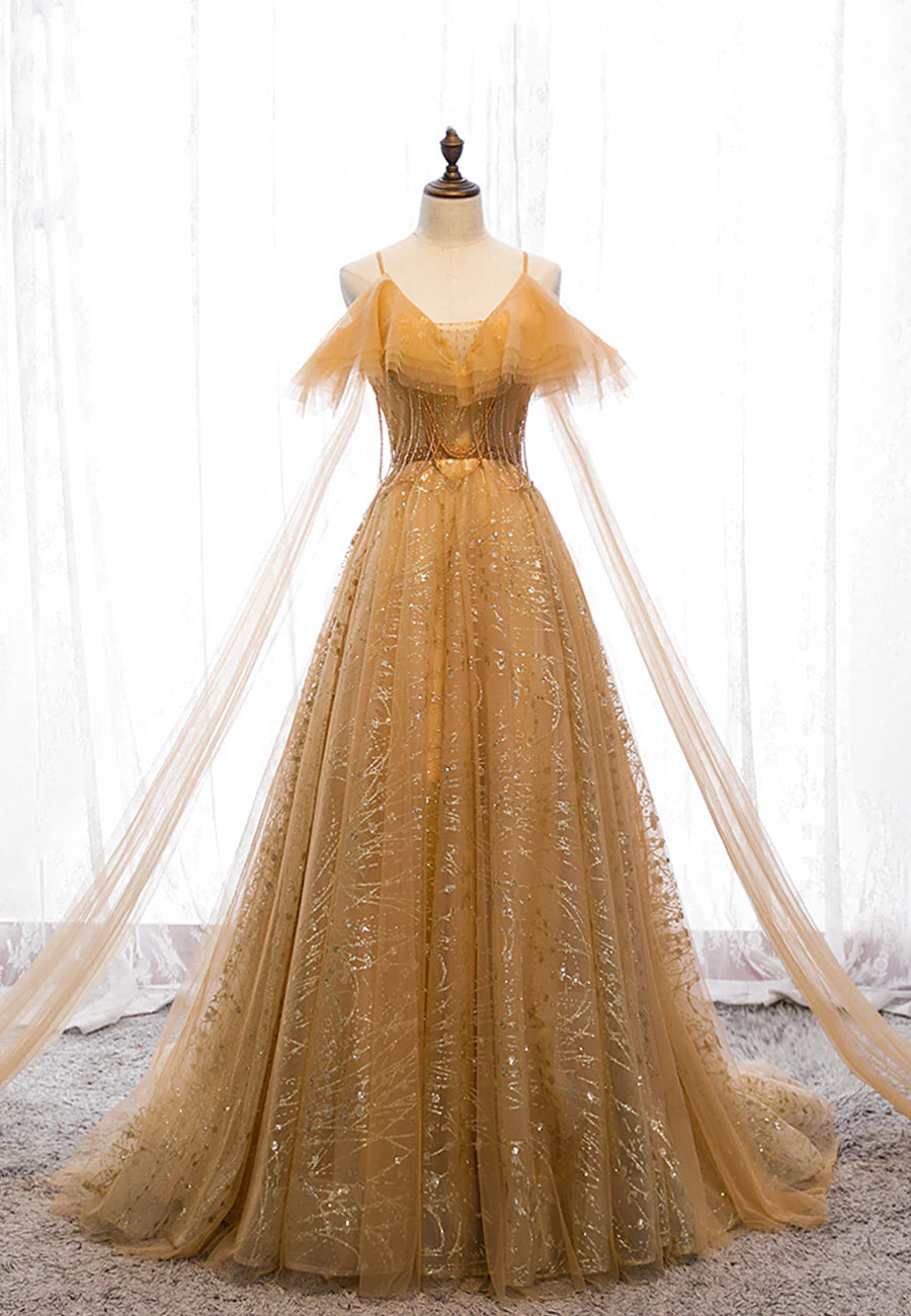 Gold V-Neck Tulle Long Prom Dresses, A-Line Evening Dresses TP744