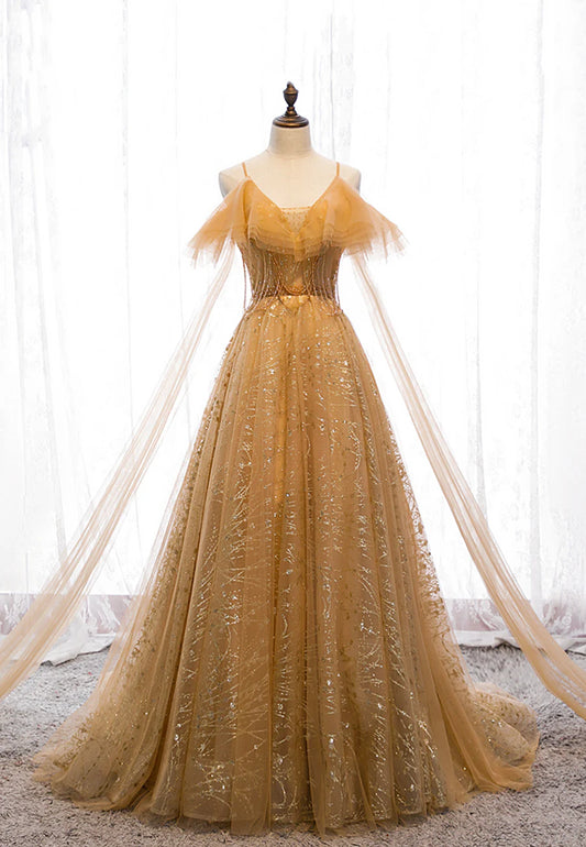 Gold V-Neck Tulle Long Prom Dresses, A-Line Evening Dresses TP744