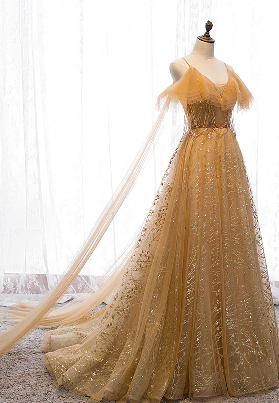 Gold V-Neck Tulle Long Prom Dresses, A-Line Evening Dresses TP744