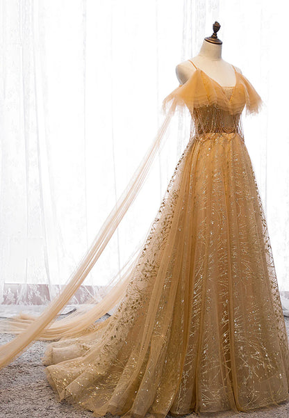 Gold V-Neck Tulle Long Prom Dresses, A-Line Evening Dresses TP744
