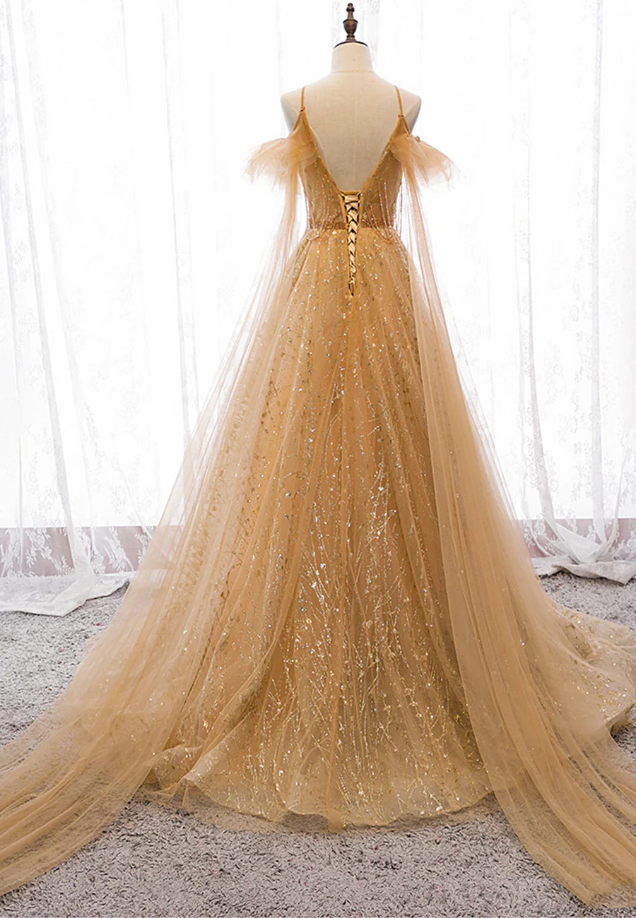 Gold V-Neck Tulle Long Prom Dresses, A-Line Evening Dresses TP744