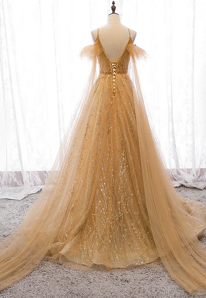 Gold V-Neck Tulle Long Prom Dresses, A-Line Evening Dresses TP744