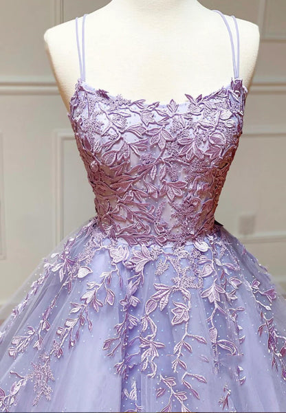 Purple Lace Long Prom Dresses, A-Line Backless Evening Dresses TP746
