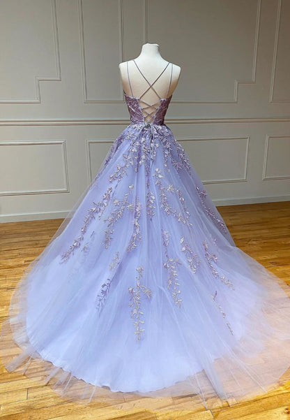 Purple Lace Long Prom Dresses, A-Line Backless Evening Dresses TP746