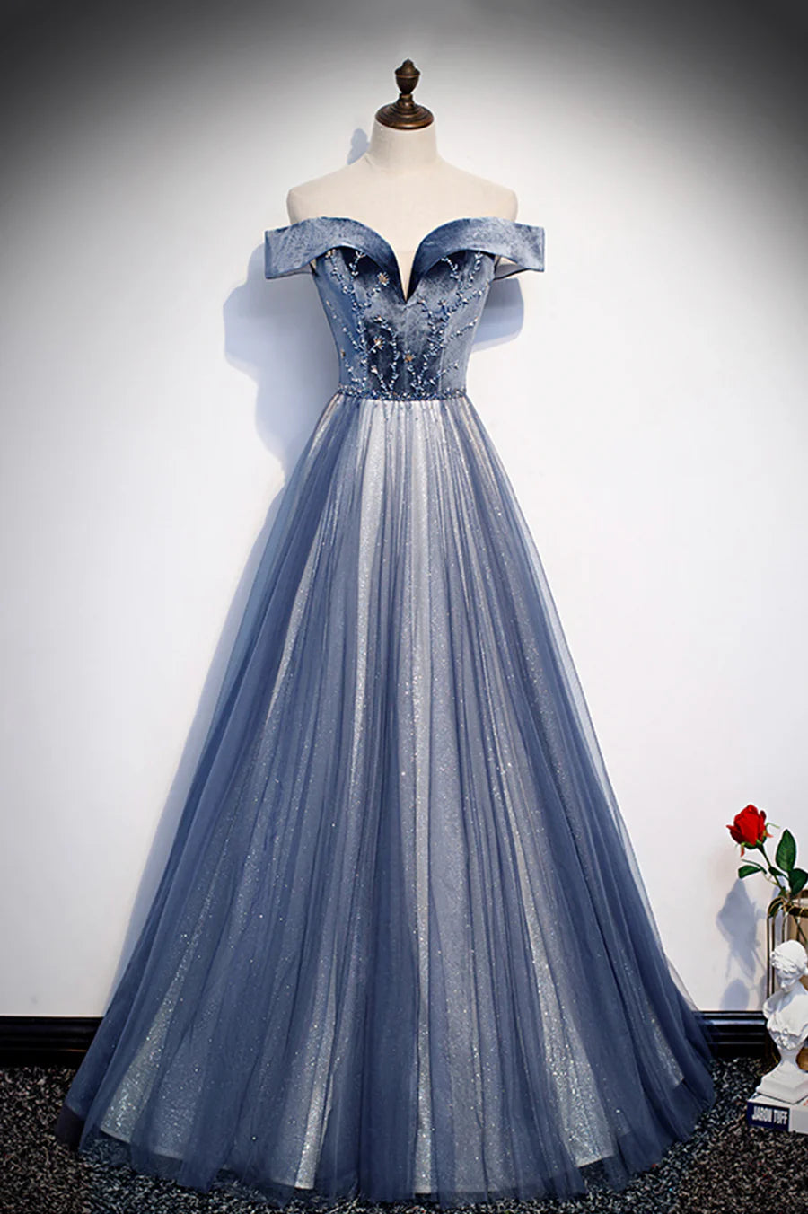 Blue Velvet Tulle Long Prom Dresses, Off the Shoulder Evening Dresses TP752