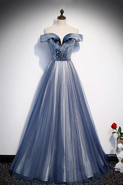 Blue Velvet Tulle Long Prom Dresses, Off the Shoulder Evening Dresses TP752