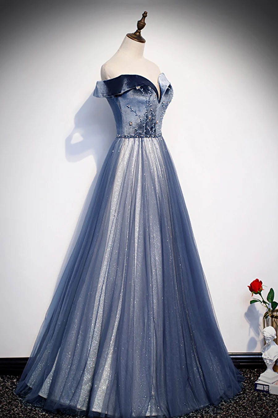 Blue Velvet Tulle Long Prom Dresses, Off the Shoulder Evening Dresses TP752