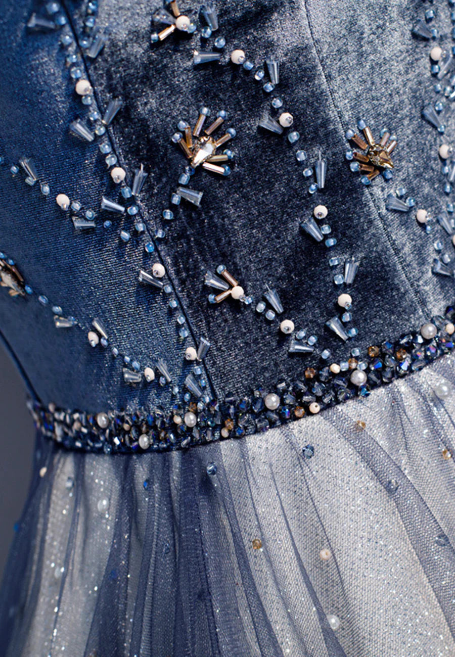 Blue Velvet Tulle Long Prom Dresses, Off the Shoulder Evening Dresses TP752