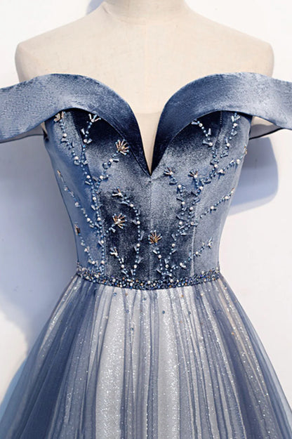 Blue Velvet Tulle Long Prom Dresses, Off the Shoulder Evening Dresses TP752
