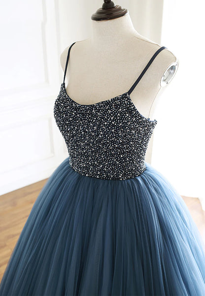 Blue Tulle Long Prom Dresses, A-Line Evening Dresses with Beading TP753