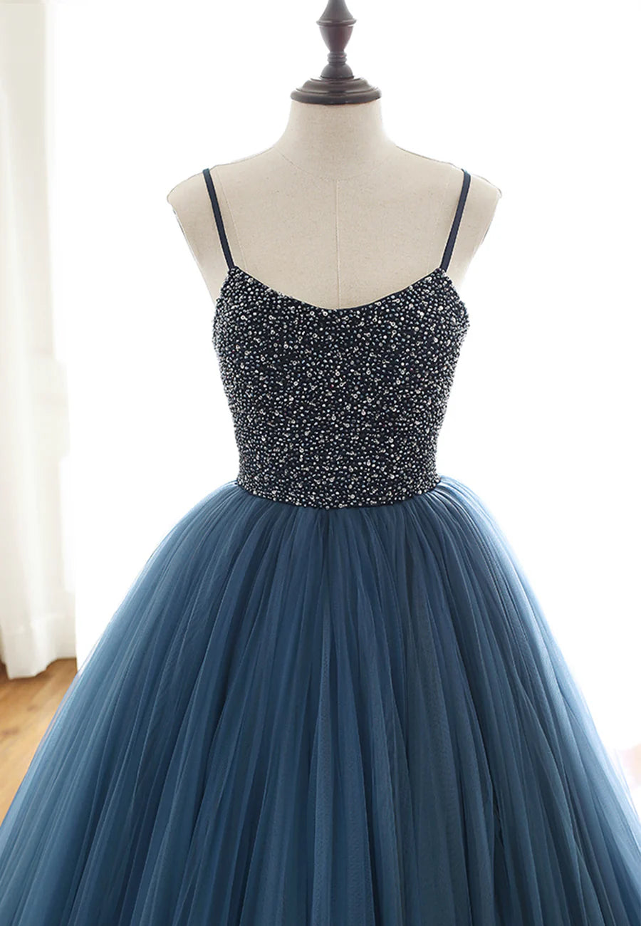 Blue Tulle Long Prom Dresses, A-Line Evening Dresses with Beading TP753