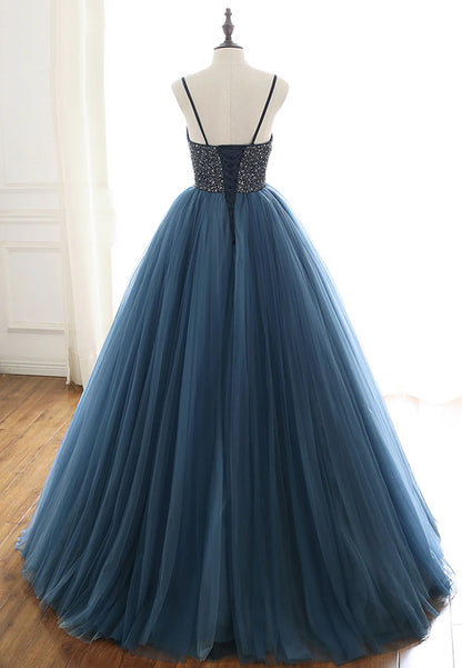 Blue Tulle Long Prom Dresses, A-Line Evening Dresses with Beading TP753