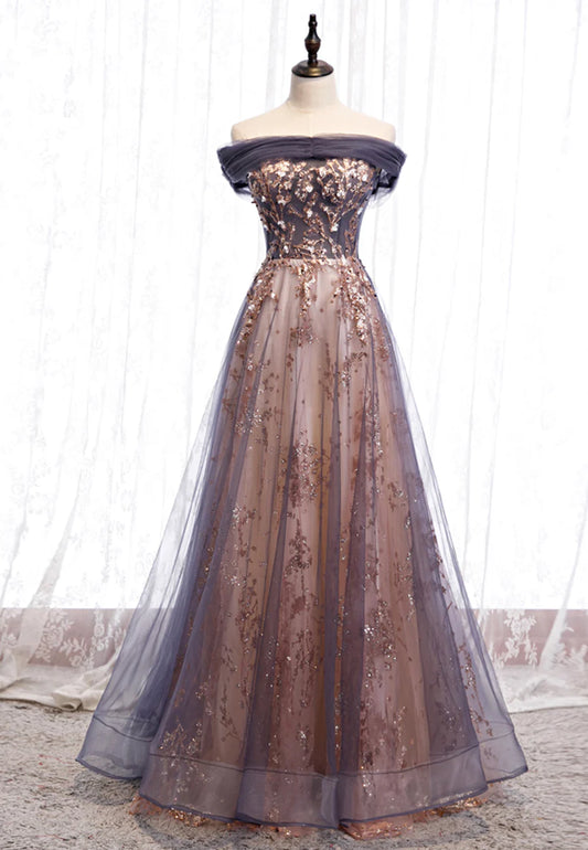Purple Tulle Long Prom Dresses, A-Line Evening Dresses TP755