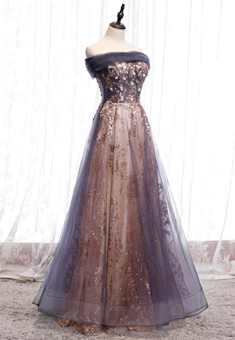 Purple Tulle Long Prom Dresses, A-Line Evening Dresses TP755