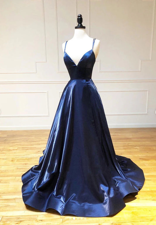 Simple Satin Long Prom Dresses, A Line Blue Evening Dresses TP763