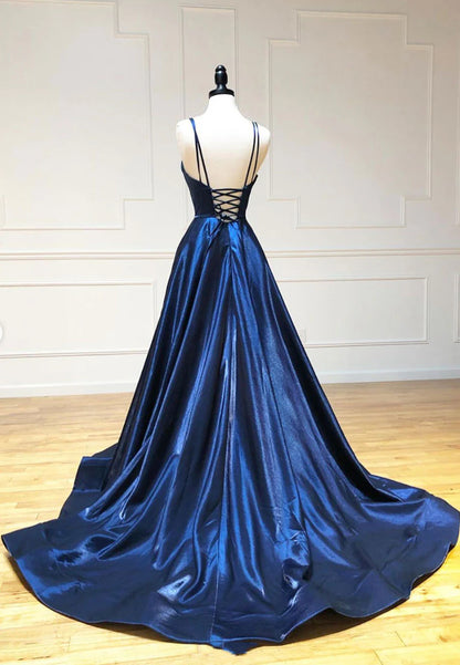 Simple Satin Long Prom Dresses, A Line Blue Evening Dresses TP763