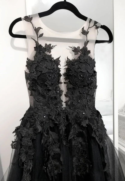 Black Tulle Lace Long Prom Dress, Black Formal Graduation Dress TP767