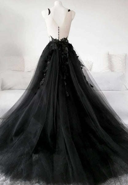 Black Tulle Lace Long Prom Dress, Black Formal Graduation Dress TP767
