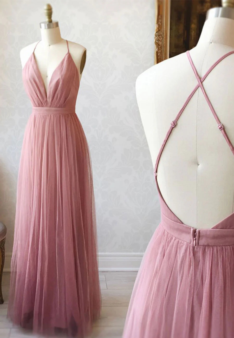 Simple Tulle Long Prom Dress, A Line Backless Evening Dress TP772