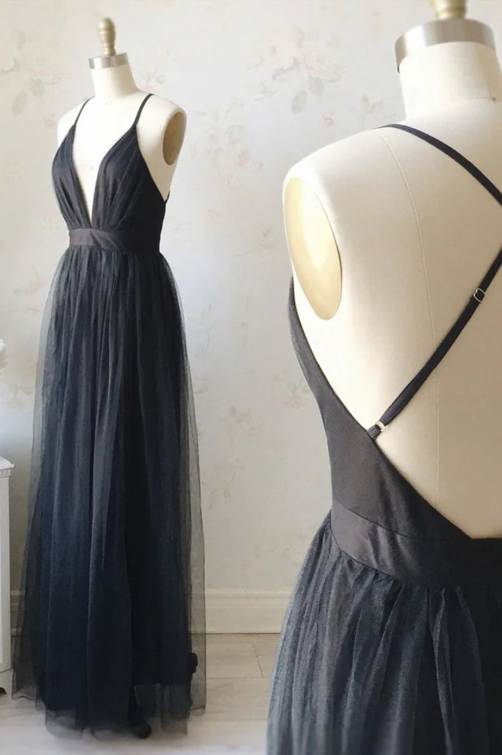 Simple Tulle Long Prom Dress, A Line Backless Evening Dress TP772