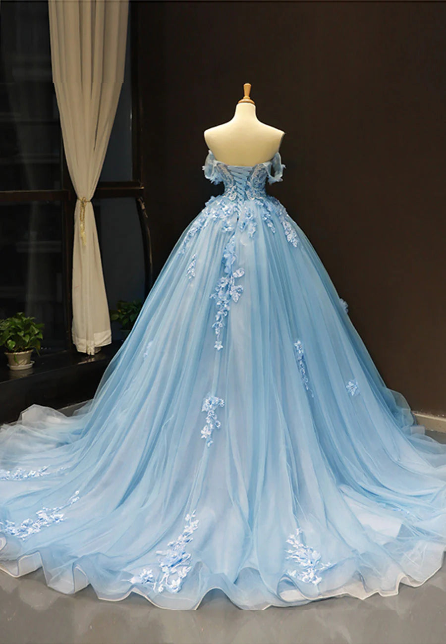 Blue Tulle Long A-Line Prom Dress, Off the Shoulder Evening Dress TP773