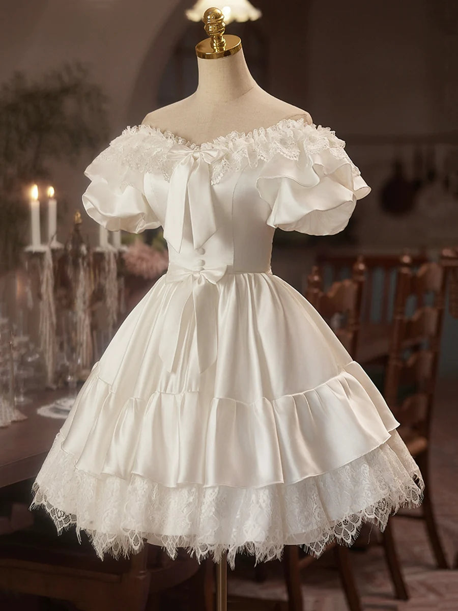 White Satin Lace Knee Length Prom Dress, A-Line Off the Shoulder Evening Party Dress TP779