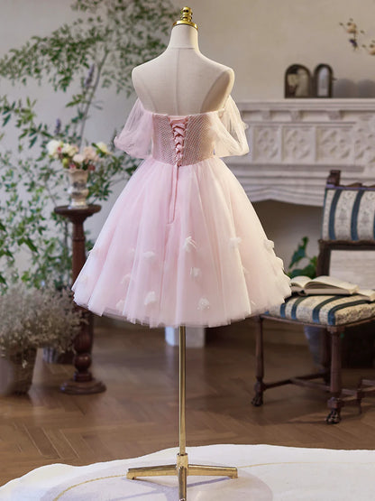 Pink Tulle Off the Shoulder Party Dress, A-Line Knee Length Evening Dress TP781