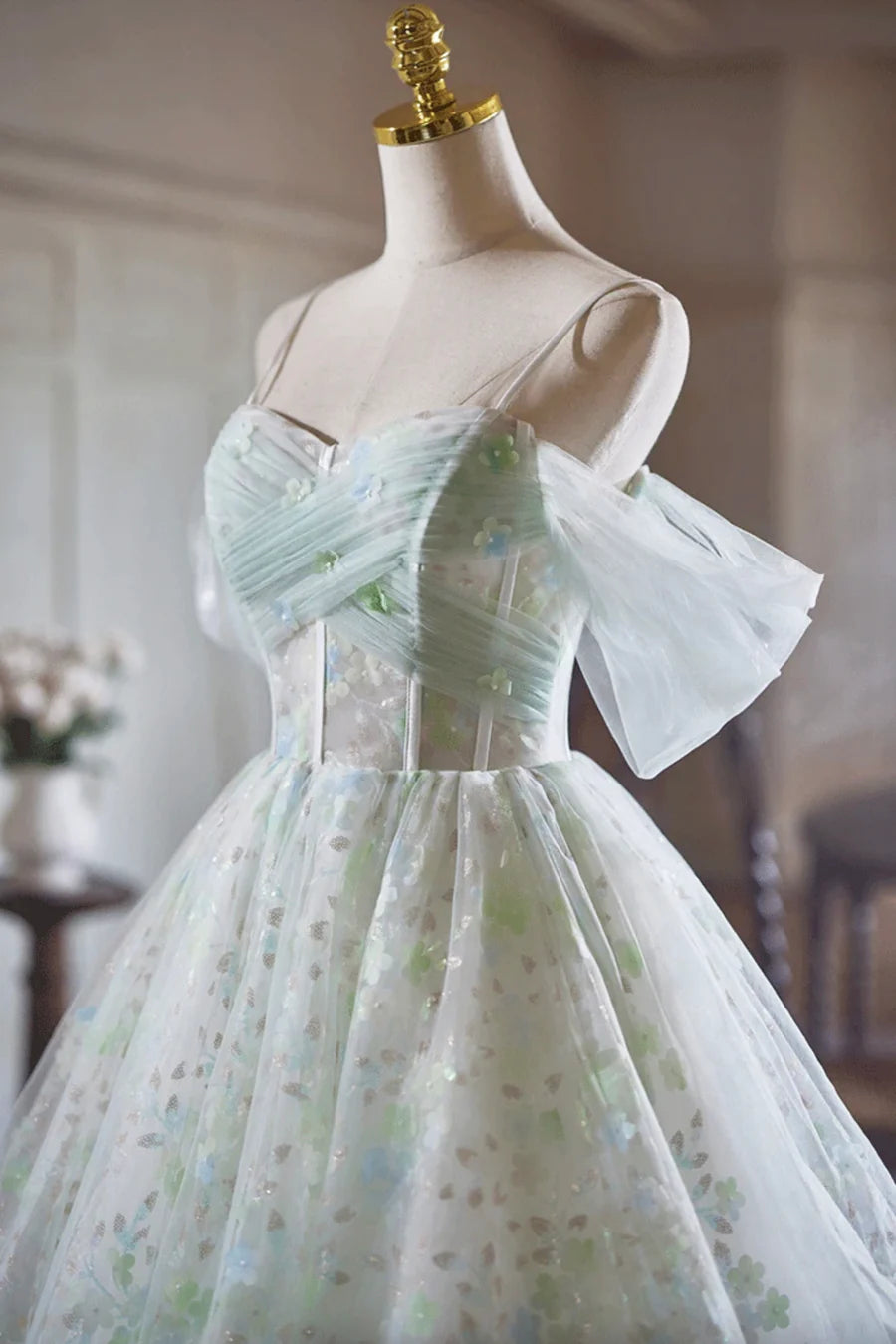 Green Tulle Knee Length A-Line Party Dress, Lovely Off the Shoulder Evening Dress TP782