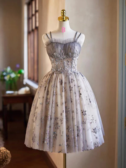 Gray Tulle Sequins Short Party Dress, Cute Spaghetti Strap Backless Evening Dress TP791