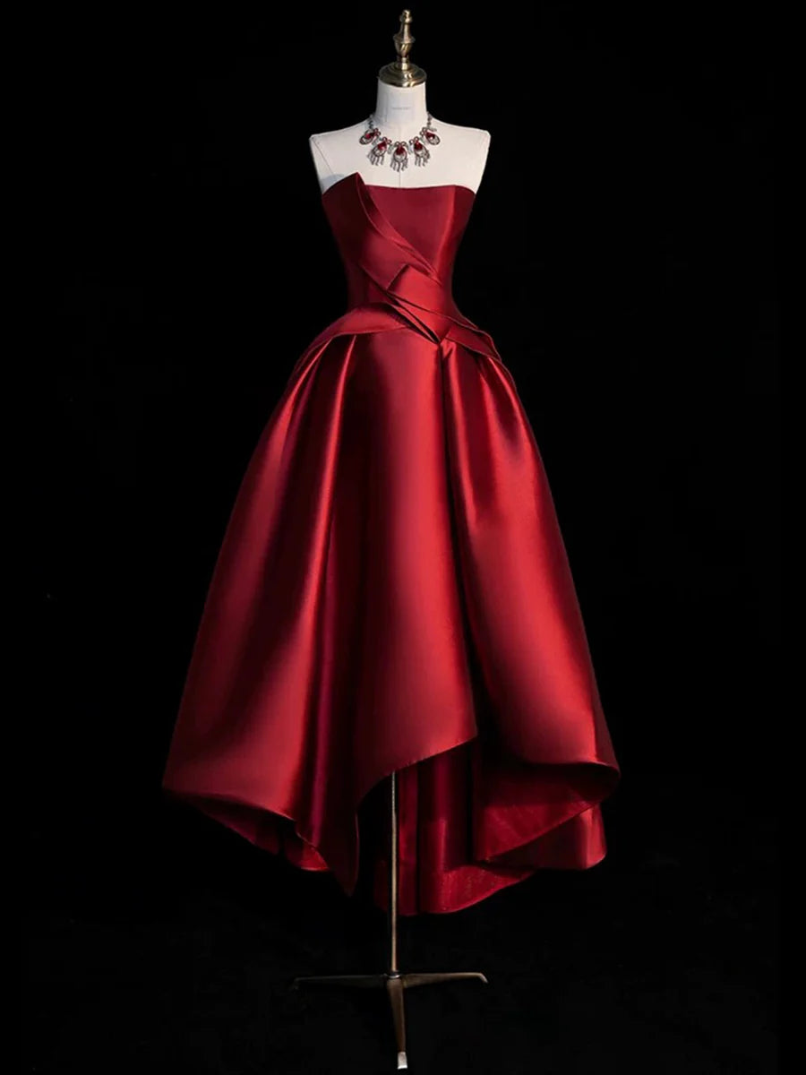 Burgundy Satin Hight Low Prom Dress, Lovely A-Line Strapless Party Dress TP800
