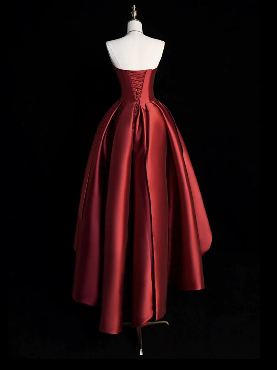 Burgundy Satin Hight Low Prom Dress, Lovely A-Line Strapless Party Dress TP800