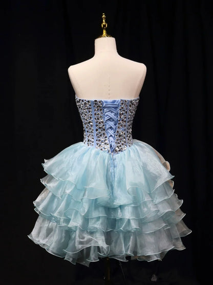Blue Tulle Crystal Short Party Dress, A-Line Strapless Evening Party Dress TP803