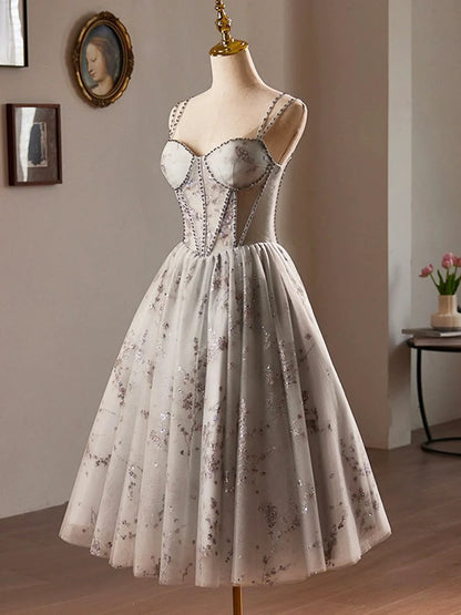 Gray Tulle Sequins Short A-Line Prom Dress, Lovely Spaghetti Strap Evening Party Dress TP805