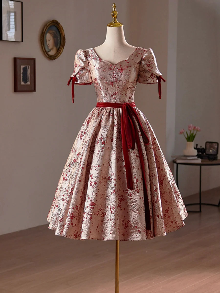 A-Line Floral Satin Short Prom Dress, Cute Short Sleeve Evening Homecoming Dress TP810